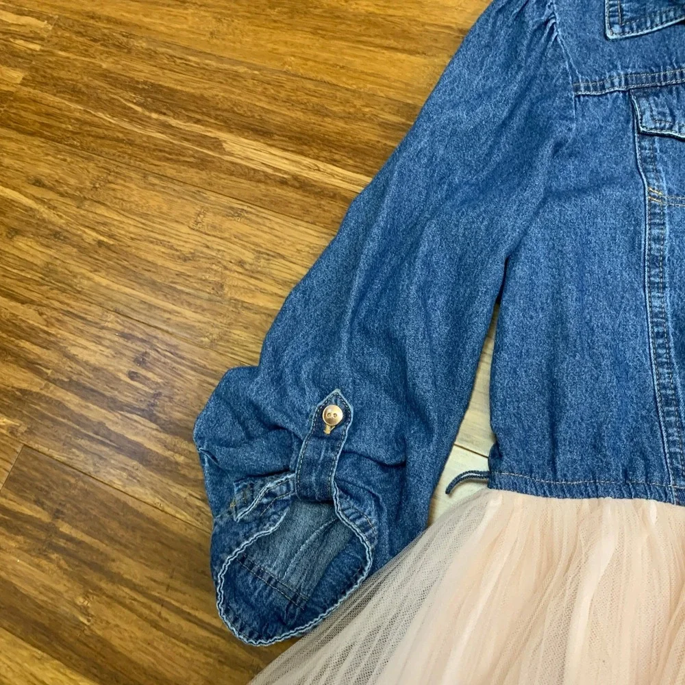 Lilt Denim Top Tulle Skirt Dress Girls Size‎ XL (16) Gold Glitter Pleated Casual